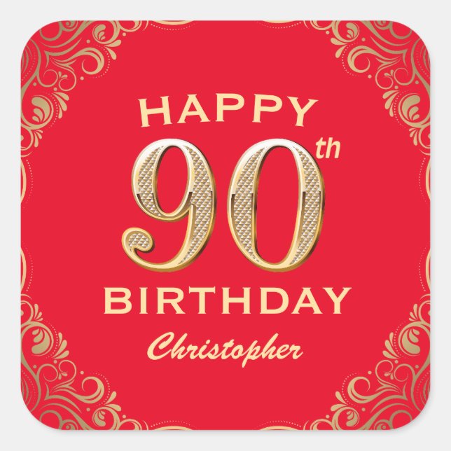 Sticker Carré 90e anniversaire Parties scintillant rouge et or (Devant)