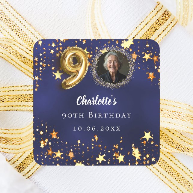 Sticker Carré 90e anniversaire photo navy bleu étoiles dorées (Créateur téléchargé)