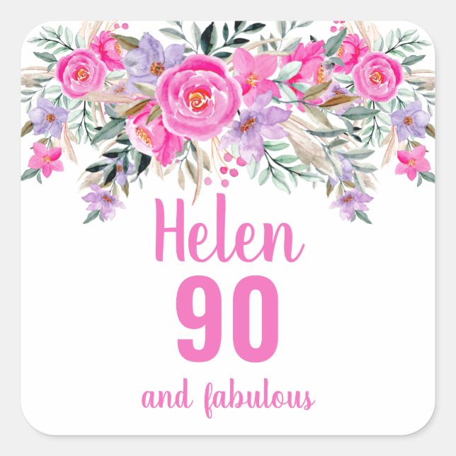 Sticker Carré 90e anniversaire rose aquarelle floral (Devant)