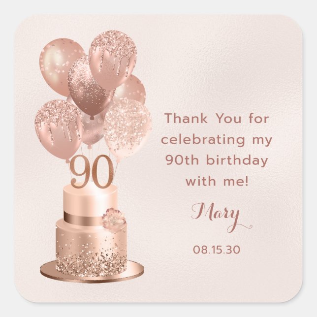 Sticker Carré 90e anniversaire Rose Gold Cake Merci (Devant)