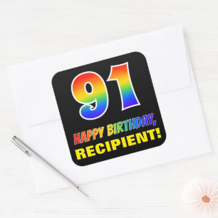 Sticker Carré 91e anniversaire : Bold, amusant, simple, arc-en-c