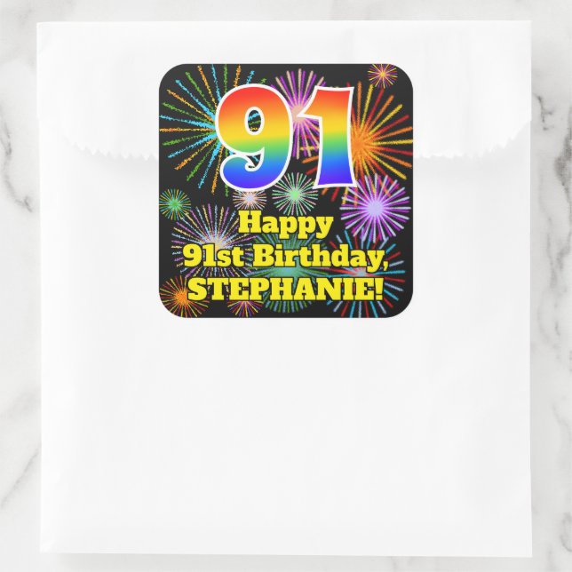 Sticker Carré 91e anniversaire : Fun Fireworks Look, Arc-en-ciel (Sac)