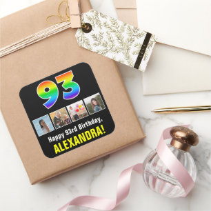 Sticker Carré 93e anniversaire : Arc-en-ciel "93"; photos et nom