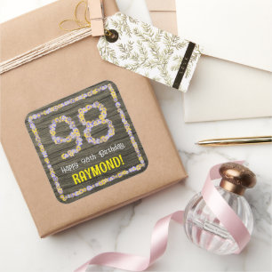 Sticker Carré 98e anniversaire : numéro floral, Faux Wood Look, 