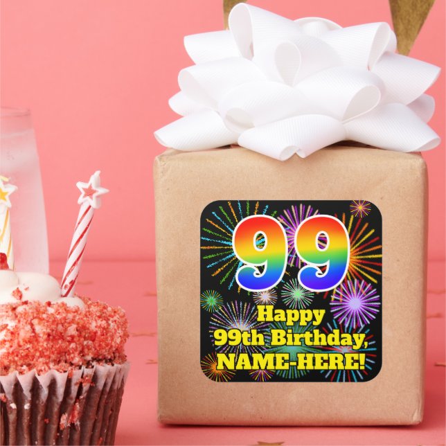 Sticker Carré 99e anniversaire : Fun Fireworks Look, Arc en ciel (Fête)