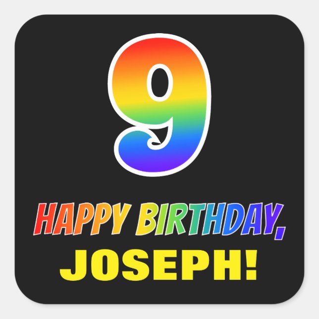 Sticker Carré 9e anniversaire : Bold, amusant, simple, arc-en-ci (Devant)