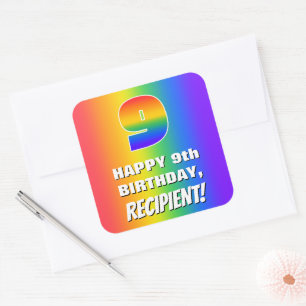 Sticker Carré 9e anniversaire : Coloré, amusant Motif arc-en-ci