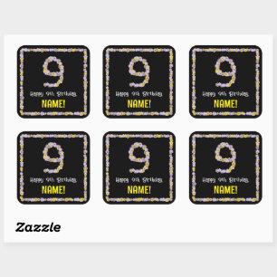 Sticker Carré 9e anniversaire : Floral Flowers Numéro, Nom perso