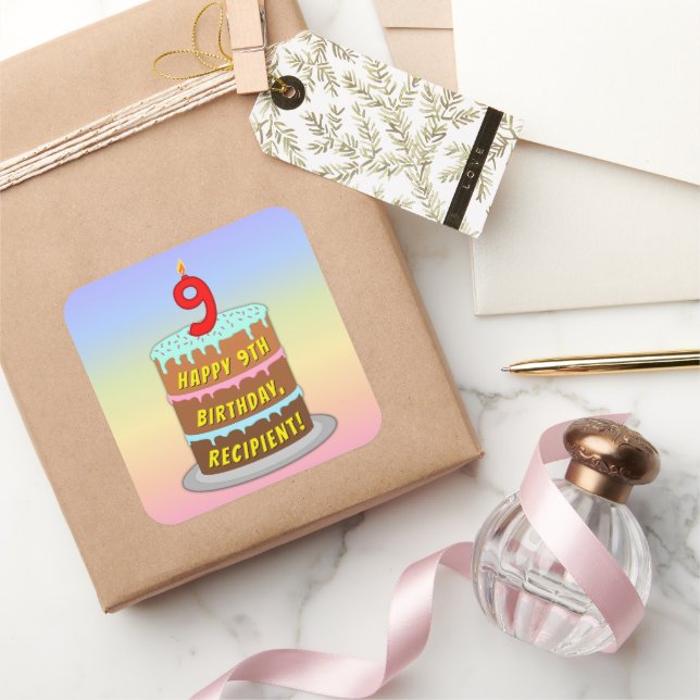 Sticker Carré 9e anniversaire : Fun Cake and Candle + Nom person (Cadeaux)