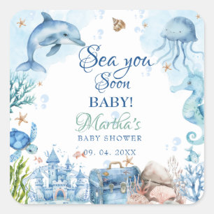 Sticker Carré À la Mer Bientôt Shower de Bébé Coquillage