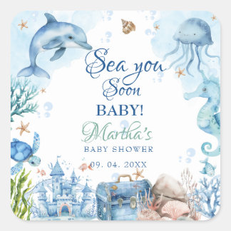 Sticker Carré À la Mer Bientôt Shower de Bébé Coquillage