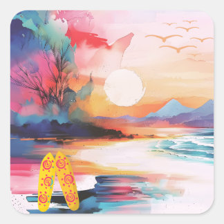 Sticker Carré À la mer bientôt Thème de plage à l'aquarelle