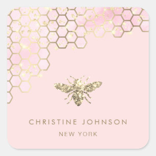 Sticker Carré abeille fausse parties scintillant sur rose pâle