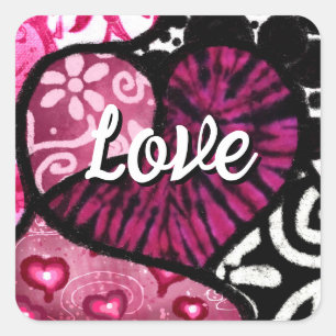 Sticker Carré Abstrait coeur d'amour rose Floral Pois noir