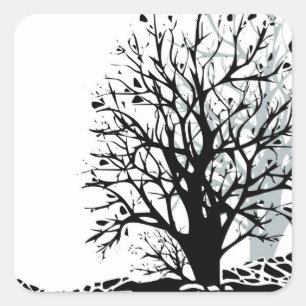 Sticker Carré Abstrait moderne arbre noir silhouette ombre blanc