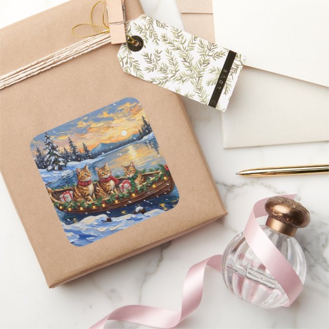 Sticker Carré Abyssinian Cat Christmas Boat Holiday (Cadeaux)