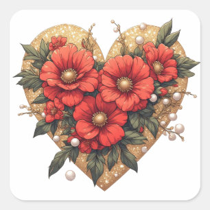 Sticker Carré 💎 Accent de cœur floral rouge pour la papeterie d