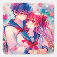 Adorable Anime Boy and Girl Red Hearts