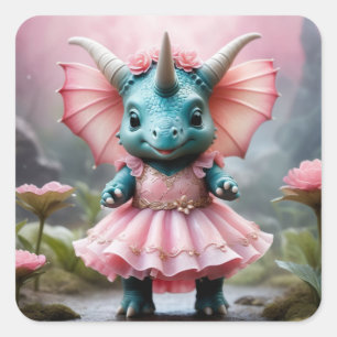 Sticker Carré Adorable Baby Dino dans une robe rose