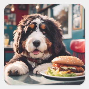 Sticker Carré Adorable Bernerdoodle au dîner