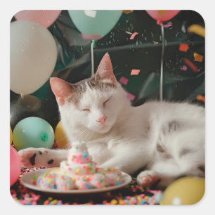 Sticker Carré Adorable Chat Anniversaire Design de fête