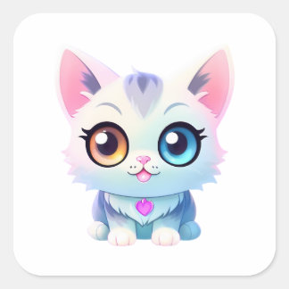 Sticker Carré Adorable Chat hétérochromatique