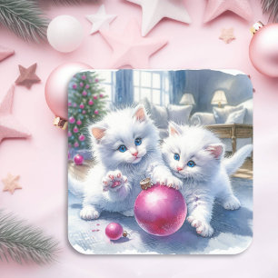 Sticker Carré adorable chatons blancs Noël rose
