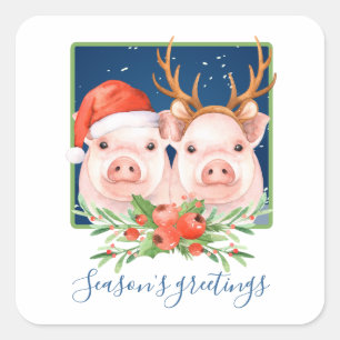 Sticker Carré adorable Cochon rose Couple Noël