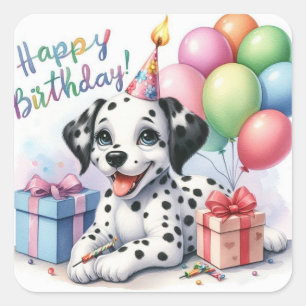 Sticker Carré Adorable Dalmatie chiot fête d'anniversaire Illust