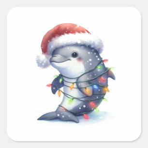 Sticker Carré adorable dauphin de Noël mignon