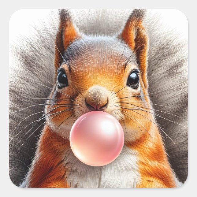 Sticker Carré Adorable écureuil rouge soufflant bulle gomme (Devant)