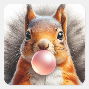 Sticker Carré Adorable écureuil rouge soufflant bulle gomme