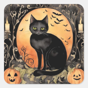 Sticker Carré Adorable Halloween Chat noir aquarelle