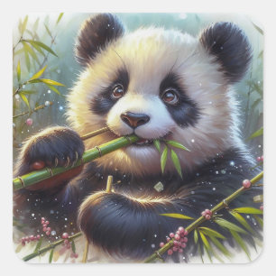 Sticker Carré Adorable Ours De Panda Mangeant Bambou