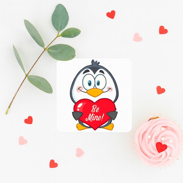 Sticker Carré Adorable Penguin Holding Be Mine Heart (Créateur téléchargé)