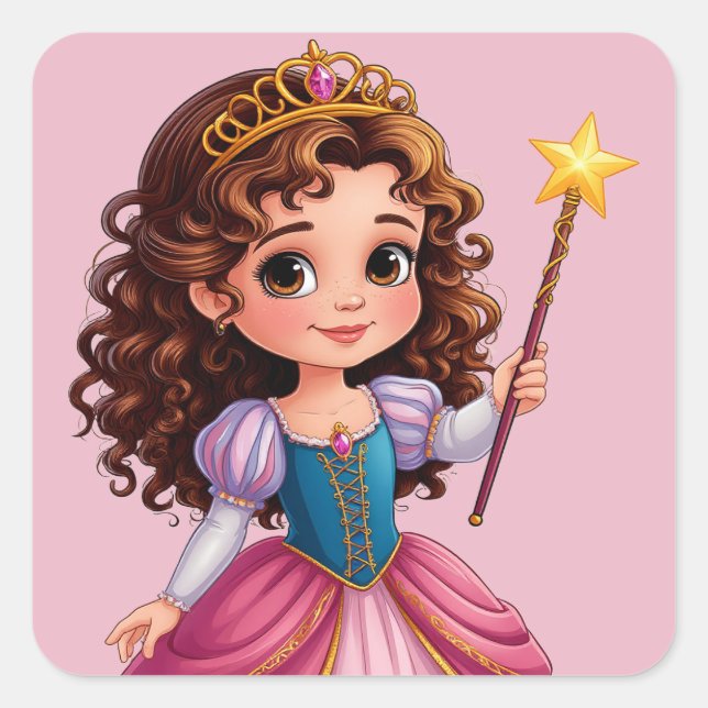Sticker Carré Adorable Princesse tenant une baguette magique (Devant)
