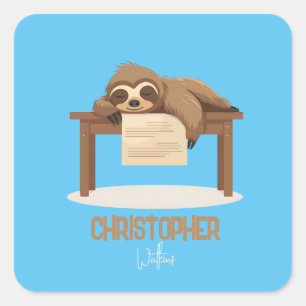 Sticker Carré Adorable Sleepy Étudier Sloth avec nom enfant