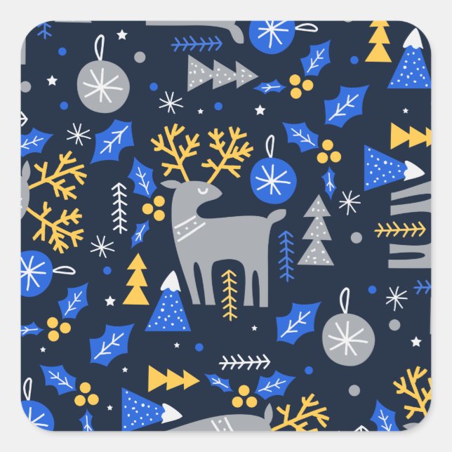 Sticker Carré Adorables Noël style scandinave Bleu (Devant)