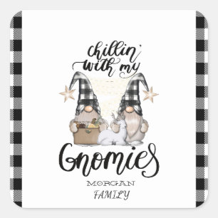Sticker Carré Adorables petits gnomes à carreaux noir buffle