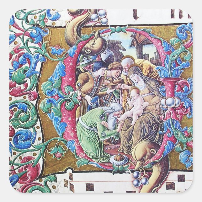 STICKER CARRÉ ADORATION DE MAGI, MONOGRAMME DE NATIVITÉ AVEC DOL (Devant)