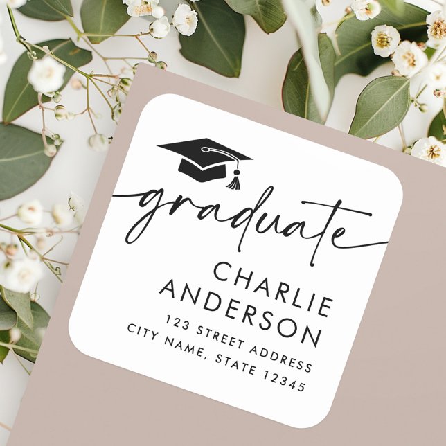 Sticker Carré Adresse de retour blanche de la limite de graduati (Graduate graduation cap white return address square sticker)