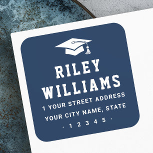 Sticker Carré Adresse de retour bleu foncé du chapeau de diplôme