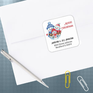 Sticker Carré Adresse de retour Blue Red Snowman Family