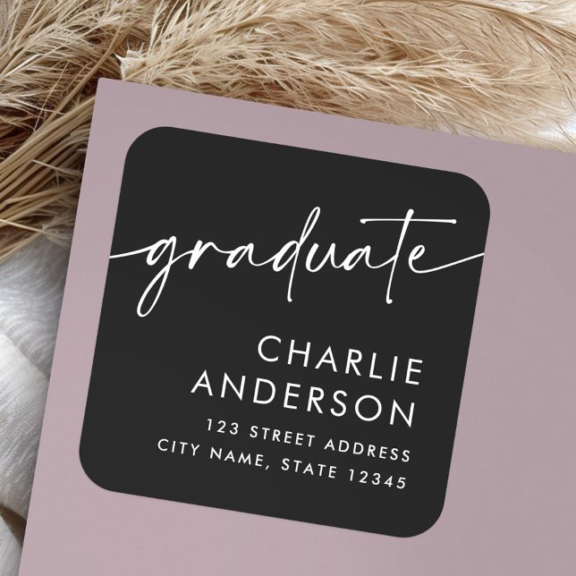 Sticker Carré Adresse de retour noire du diplôme d'études supéri (Graduate graduation black return address square sticker)