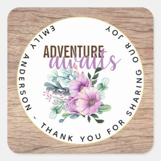 Sticker Carré Adventure Attend le Baby shower de fleurs violette
