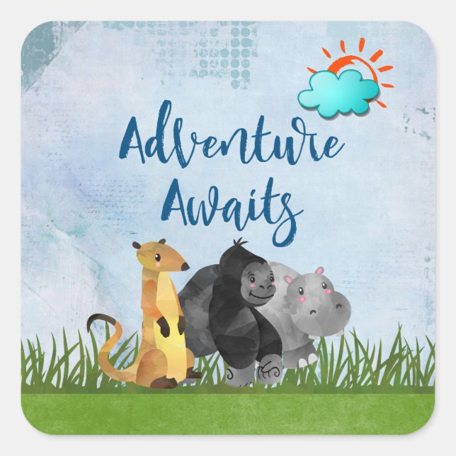 Sticker Carré Adventure Await Aquarelle Safari Jungle Animaux (Devant)