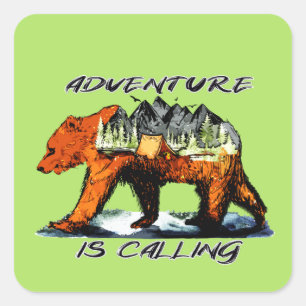Sticker Carré Adventure Is Calling - Bear Camping Woods Mountain
