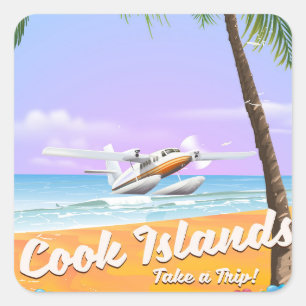 Sticker Carré Affiche de la plage de voyage de Cook Islands Vint