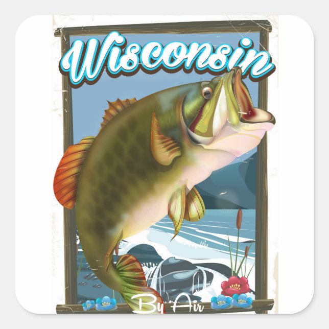 Sticker Carré Affiche de pêche de l'État du Wisconsin (Devant)