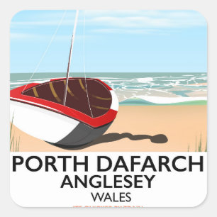 Sticker Carré Affiche de voyage vintage de Porth Dafarch, Angles